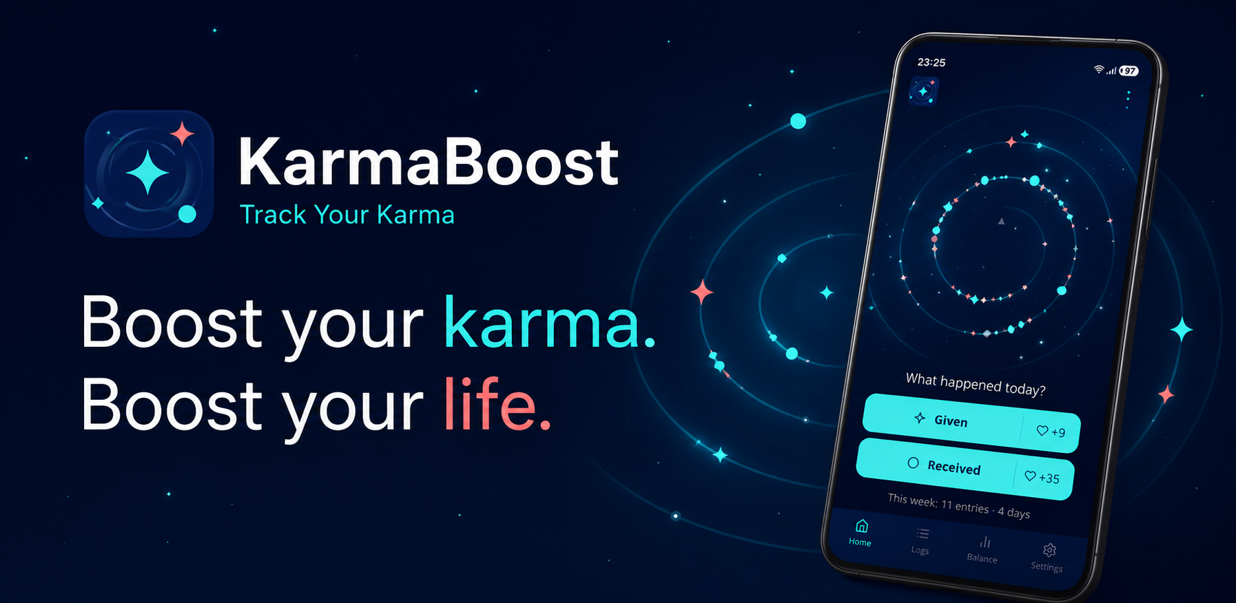 KarmaBoost app interface with cosmic spiral visualization