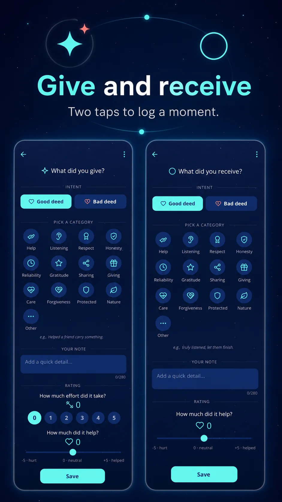 KarmaBoost promotional screenshot: Give and receive
