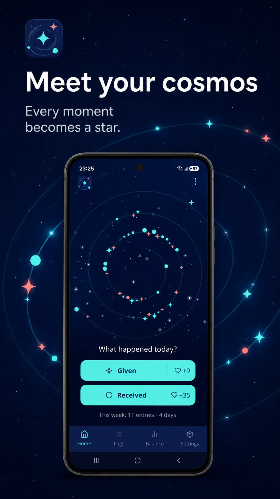 KarmaBoost promotional screenshot: Meet your cosmos