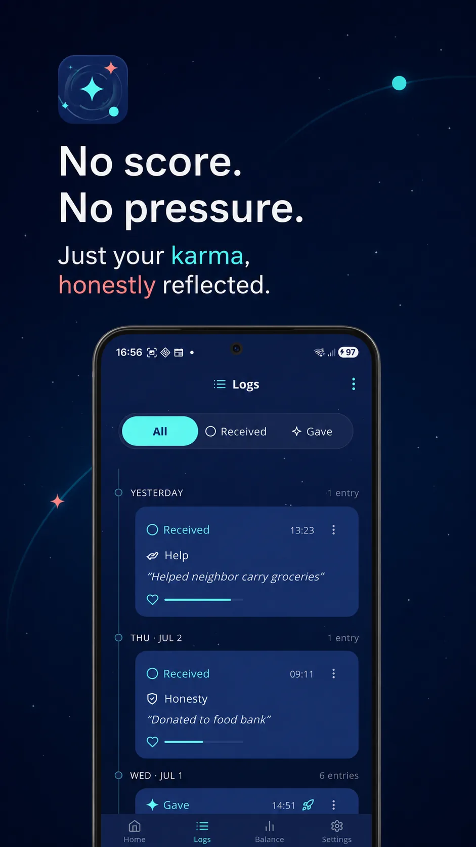 KarmaBoost promotional screenshot: No score. No pressure.